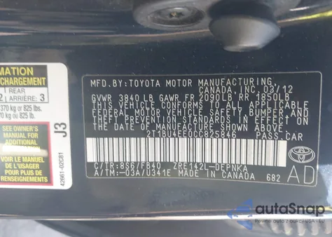 2012 Toyota Corolla Le z USA, uszkodzony, nr VIN 2T1BU4EE0CC825846